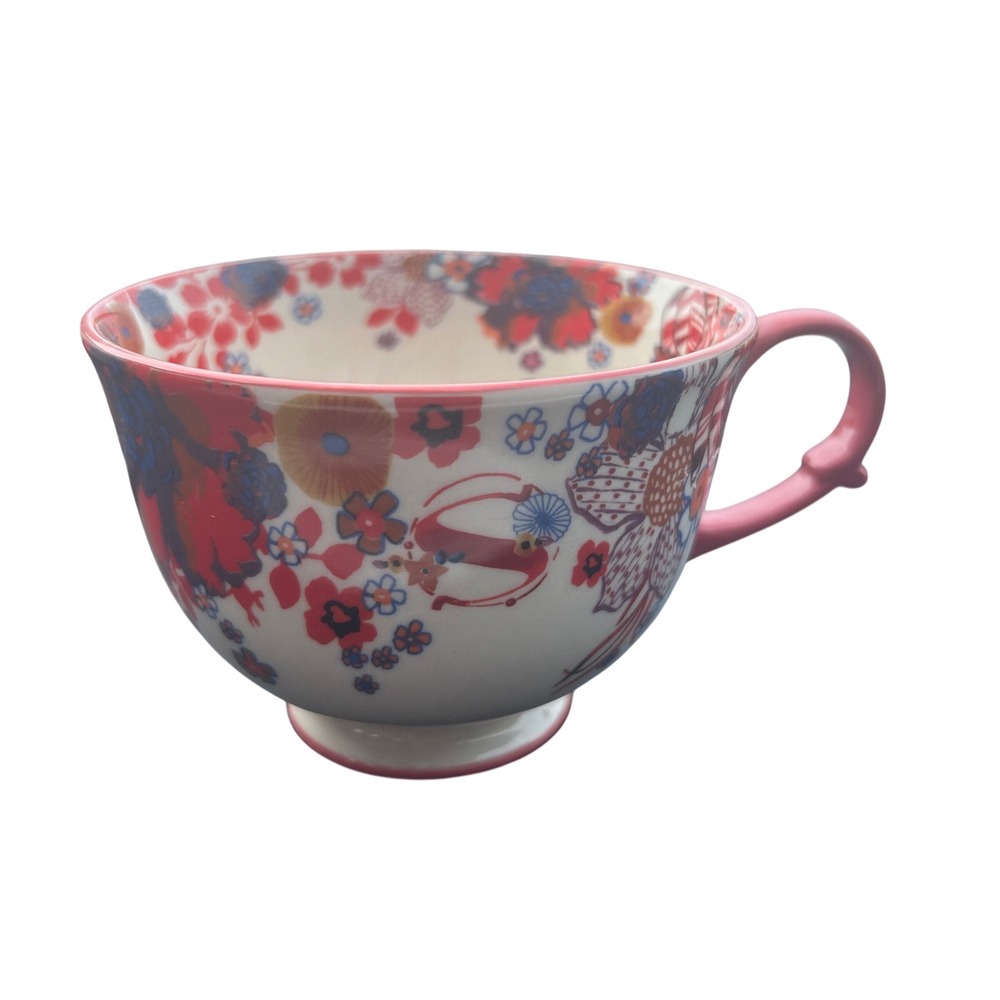 Anthropologie Monogram Letter S Floral Tea Cup Mug Red Blue Pink Ceramic
